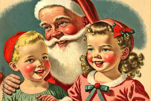 1950s painted vintage style christmas card with a fictional jolly santa claus surrounded by happy children in a snowy landscape, AI generated