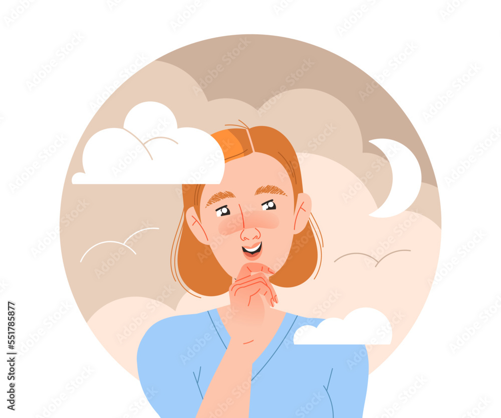 Happy Woman Character with Her Head in Clouds Having Fancy Imagination Vector Illustration Happy Woman Character with Her Head in Clouds Having Fancy Imagination Vector Illustration