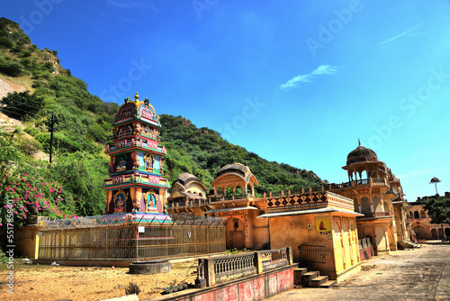 View of the main monuments and tourist spots in Jaipur (India), in the state of Rajasthan. Galta Temple or Temple of the Monkeys or Galtaji (18th century)