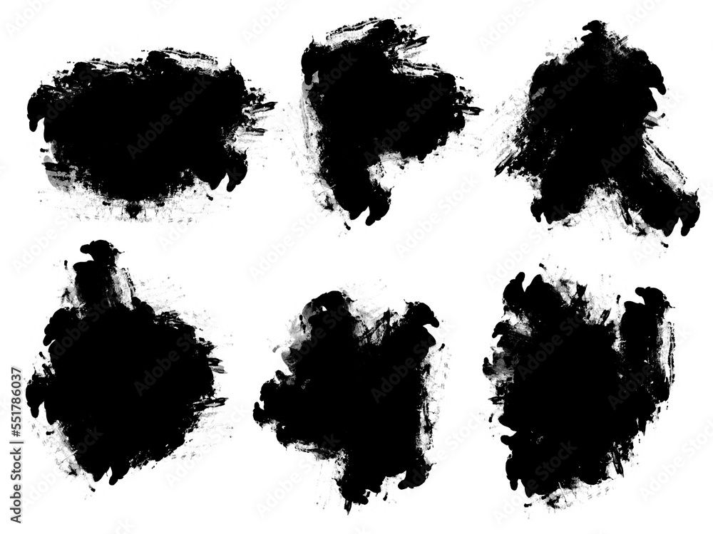 Set of abstract black brush stroke smudges, isolated object illustration with transparent background, random splash of black paint, masking shapes for manipulation purposes