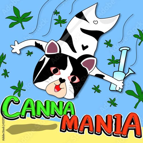 black and white cat with cannabis logo vector