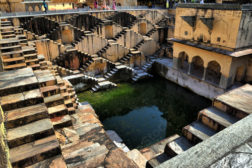 View of the main monuments and tourist spots in Jaipur (India), in the state of Rajasthan. Ancient Stepped Water Cistern (Chand Baori). (12th century)
