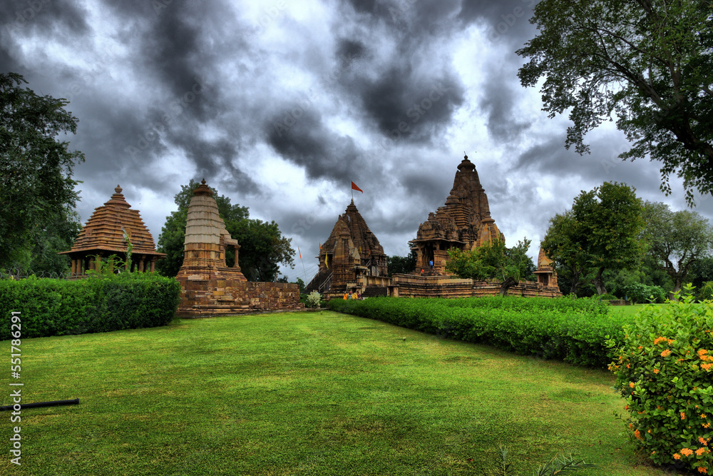 View of the main monuments and tourist spots in Khajuraho (India), in the state of Madhya Pradesh. Khajuraho temples. Erotic sculptures of the Kamasutra (9th century)