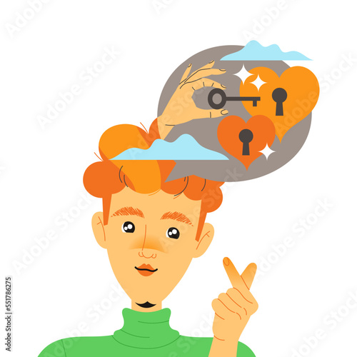 Redhead Man Character with Type of Thinking with Lock and Key as Mindset Model in His Head Vector Illustration