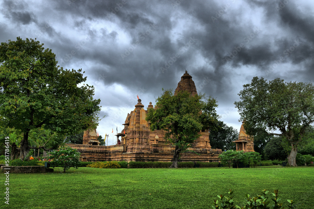 View of the main monuments and tourist spots in Khajuraho (India), in the state of Madhya Pradesh. Khajuraho temples. Erotic sculptures of the Kamasutra (9th century)