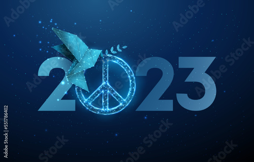 2023 New Year ard with paper origami bird with olive branch and peace sign
