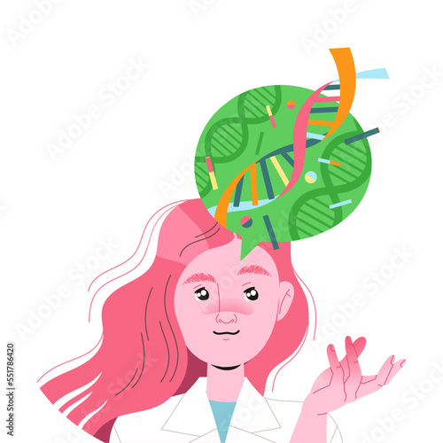 Woman Character with Critical Type of Thinking with DNA as Mindset Model in Her Head Vector Illustration