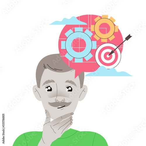 Man Character with Concrete Type of Thinking with Target and Arrow as Mindset Model in His Head Vector Illustration