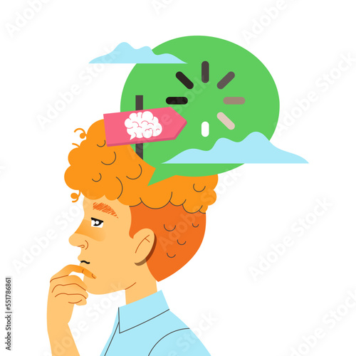 Redhead Man Character with Type of Thinking and Mindset Model in His Head Vector Illustration