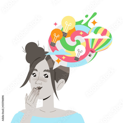 Woman Character with Creative Type of Thinking with Lightbulb and Air Balloon as Mindset Model in Her Head Vector Illustration