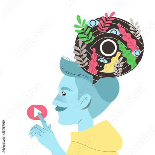 Man Character with Visual Type of Thinking and Mindset Model in His Head Vector Illustration