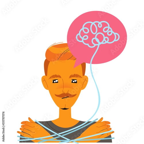Man Character with Entangled Type of Thinking and Mindset Model in His Head Vector Illustration