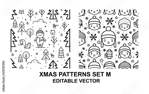 Merry Christmas, Happy New Year seamless pattern with patterns, fairies, ornaments, snowflakes, Xmas ball, bells, and trees, editable vector design.