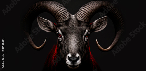 Ram or sheep animal, Close up of head and horns of a wild big horned, isolated black white. 