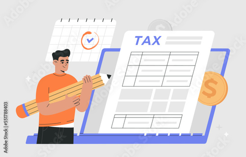 Man filling tax form online using laptop. Tax submitting system. Electronic payment of Invoice, digital receipt. Hand drawn colored vector illustration isolated on background, flat cartoon style