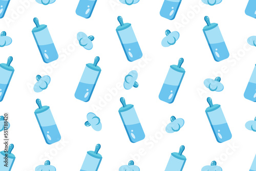 Seamless background with baby food bottle and pacifier. Wallpaper for the children's room. Gender concept.