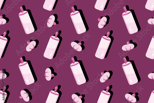 Seamless background with baby food bottle and pacifier in cut out paper style. Wallpaper for the children's room. Gender concept.