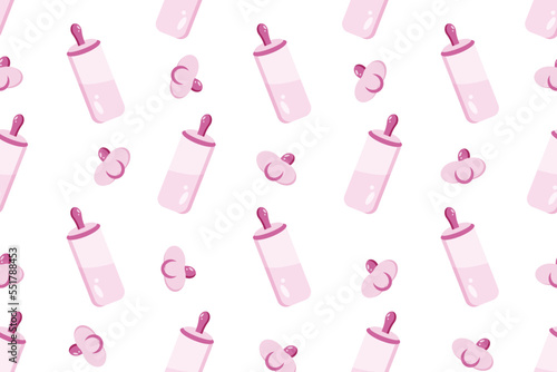 Seamless background with baby food bottle and pacifier. Wallpaper for the children's room. Gender concept.