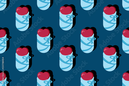 Baby heart in a diaper on blue background. Gender party. Marketing material. Website banner for the perinatal center. Wallpaper and fabric print. Seamless pattern with childbirth. 