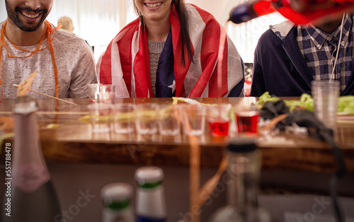 Photography People party, celebrate with alcohol shots and happy at college new year celebration, drink and holiday fun with drinks