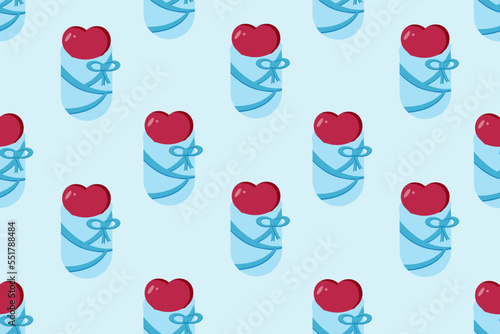 Baby heart in a diaper on blue background. Gender party. Marketing material. Website banner for the perinatal center. Wallpaper and fabric print. Seamless pattern with childbirth. 