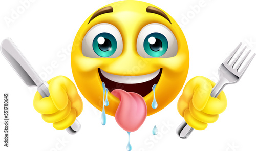 A hungry drooling saliva emoji emoticon face cartoon icon holding a knife and fork