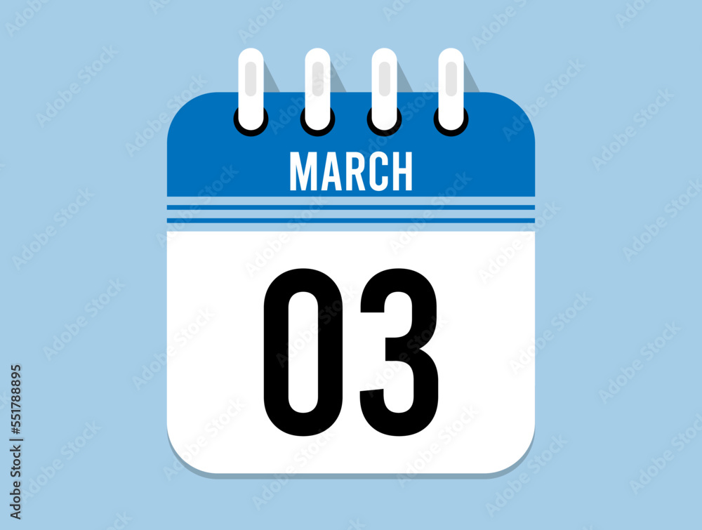 3 day March calendar icon. Banner for appointments, special dates and birthdays. Calendar vector for March in blue color on light background 3 day March calendar icon. Banner for appointments, special dates and birthdays. Calendar vector for March in blue color on light background