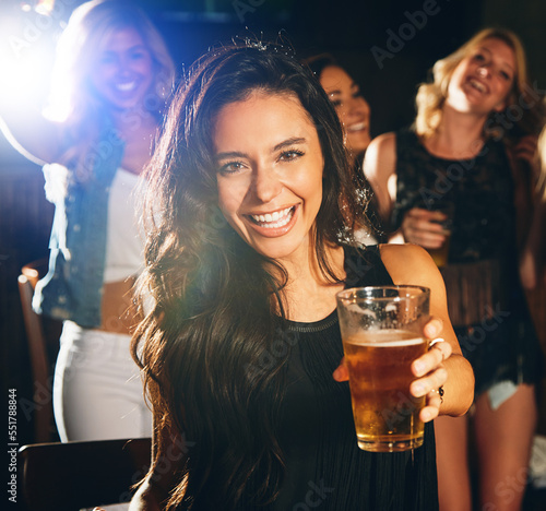 Wall Mural Happy, beer and woman portrait in a nightclub for new years, social of happy hour event