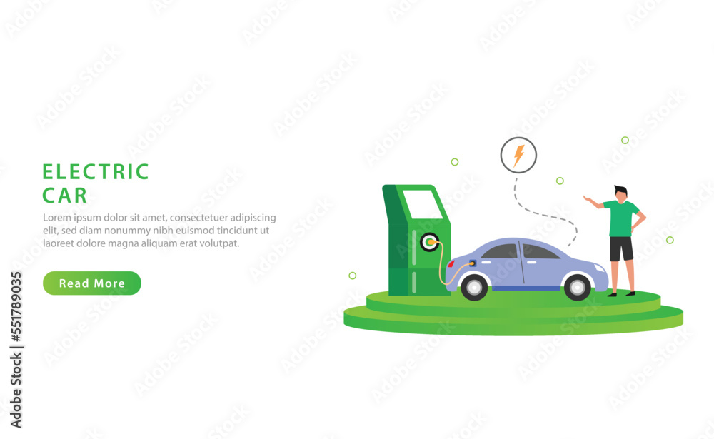 Electric car with renewable energy concept. Eco friendly vehicle and sustainable transportation. Vector illustration