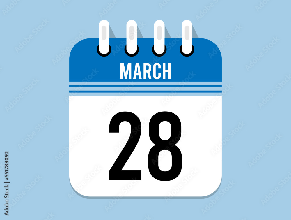 28 day March calendar icon. Banner for appointments, special dates and birthdays. Calendar vector for March in blue color on light background 28 day March calendar icon. Banner for appointments, special dates and birthdays. Calendar vector for March in blue color on light background