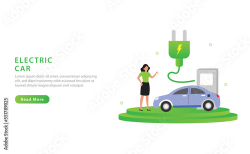 Electric car with renewable energy concept. Eco friendly vehicle and sustainable transportation. Vector illustration