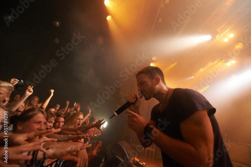 Canvas Print Music, concert and singer with band at festival in London, live entertainment and audience, energy at show with man musician singing