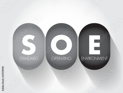 SOE - Standard Operating Environment is a standard implementation of an operating system and its associated software, acronym text concept background photo