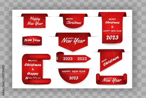 Set of red Christmas banners. Ribbons and round sticker. Scroll Red, Merry Christmas