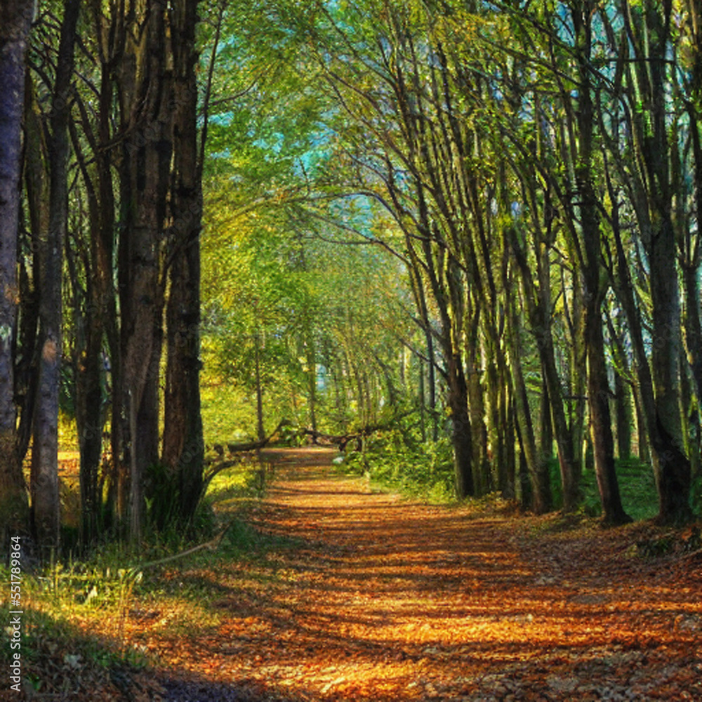 Fototapeta premium Serene forest path with dappled sunlight and fallen leaves