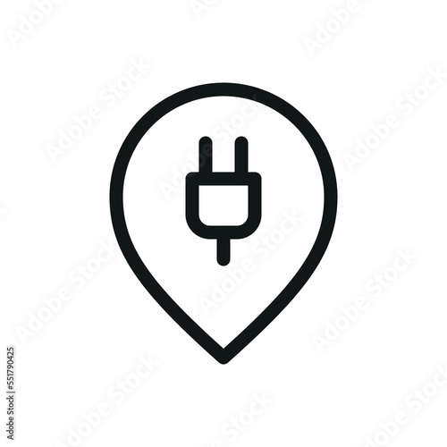 Electric car charging station map pin, map pointer with electric plug vector icon with editable stroke