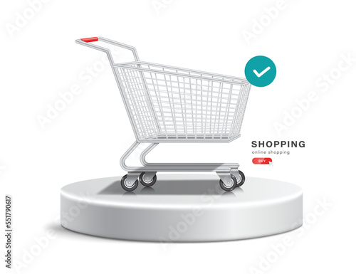 shopping cart or trolley with an order confirmation icon pop-up next to it and all object placed on white round podium