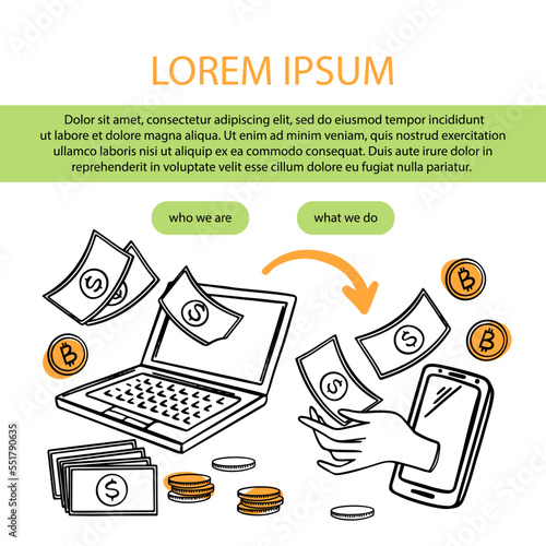 P2P MONEY Sending Payment And Receiving Money Doodle Concept Of Peer To Peer Connection Distributed Virtual Switch Cash Between Different Gadget Online Commerce