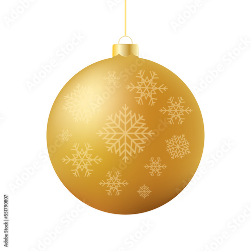 Golden shiny Christmas ball with snowflakes icon vector. Beautiful luxury golden christmas bauble vector isolated on a white background. Hanging bright christmas ball graphic design element