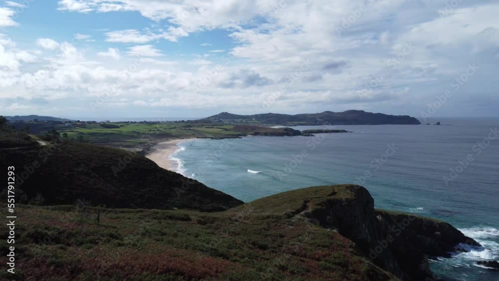drone flies over beautiful ponzos beach in galicia in northern spain at the atlantic ocean, sunny drone flies over beautiful ponzos beach in galicia in northern spain at the atlantic ocean, sunny