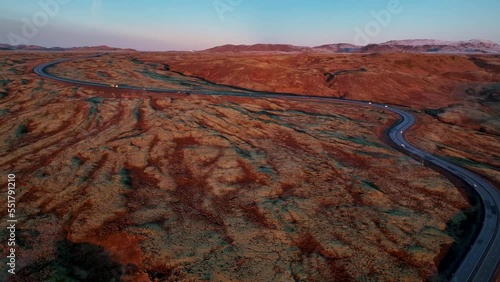 Highway 1 At Hellisheidi Winding Through Lava Fields In South Iceland. aerial photo