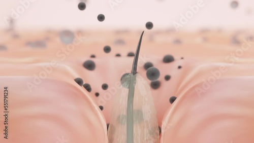 Pore and Pollution, small dirty dust and bacterial collect in pores. Acne prevent and protection, Face care and serum concept. 3D rendering. photo
