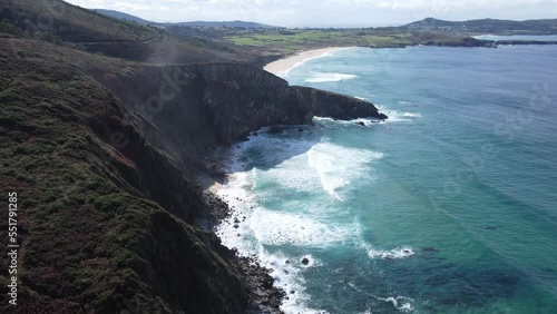 ponzos beach with cliffs in galicia in spain, atlantic ocean, droneshot photo