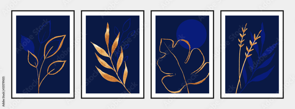 Set of wall art posters with golden watercolor leaves on deep blue background. Set of wall art posters with golden watercolor leaves on deep blue background.