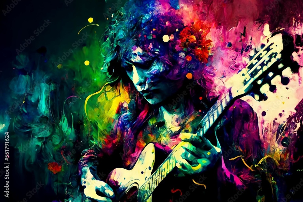 Abstract image of a Musician playing guitar with rainbow energy behind and throughout their body, Generative AI, is not based on any original image, character or person