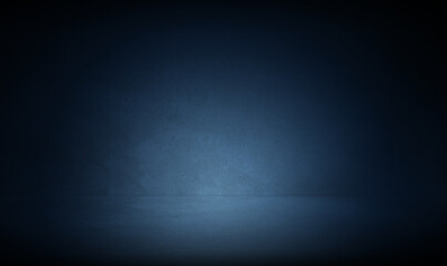 Three dimensional dark concrete room background with blue spot light for photograhy studio background, mock up design or product display