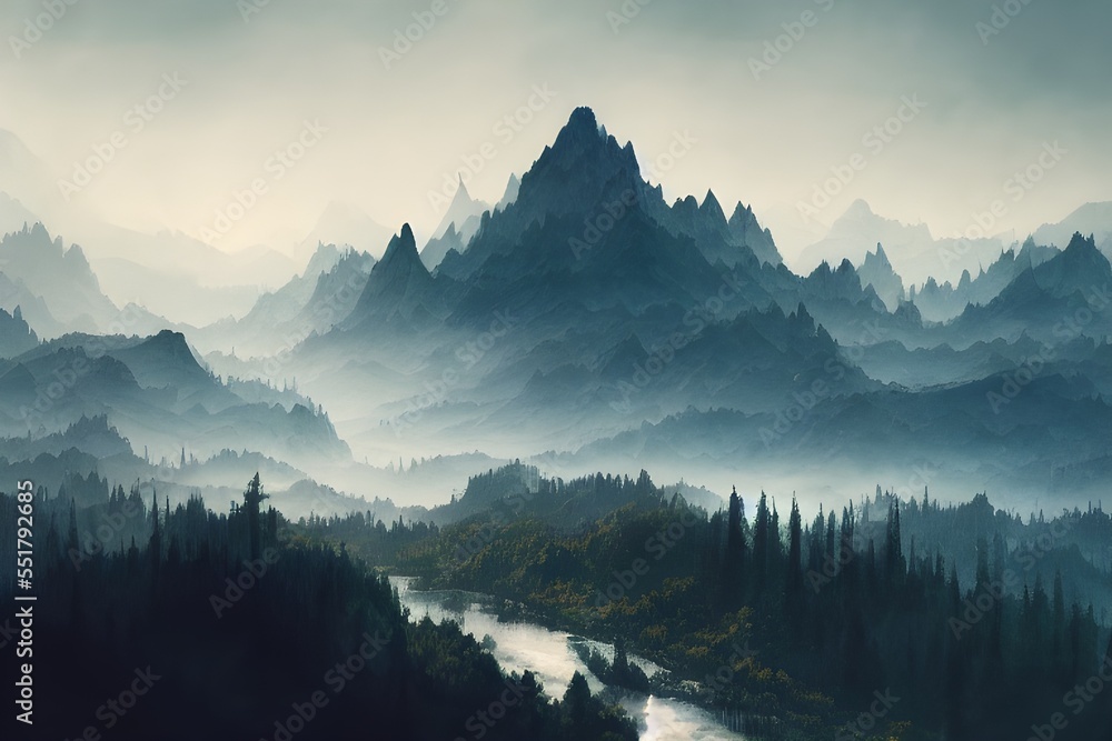 Fantasy background with mountains, fog, and river. 