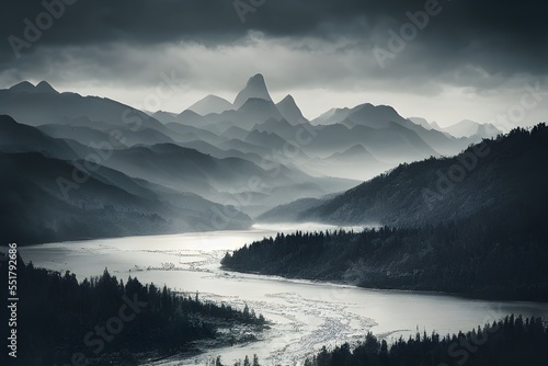 Fantasy background with mountains  fog  and river. 