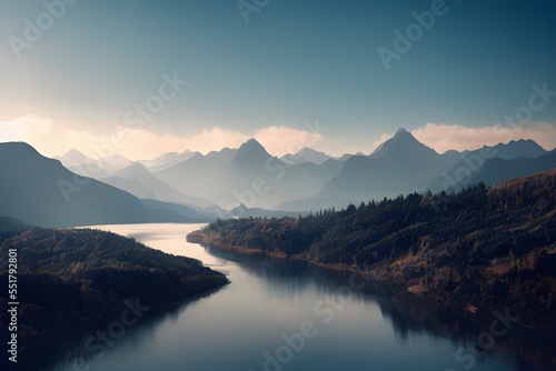Fantasy background with mountains, fog, and river. 