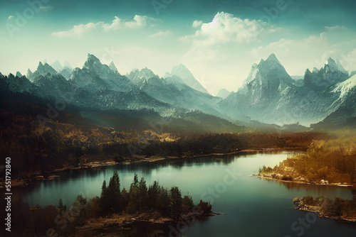 Fantasy background with mountains, fog, and river.  © ECrafts